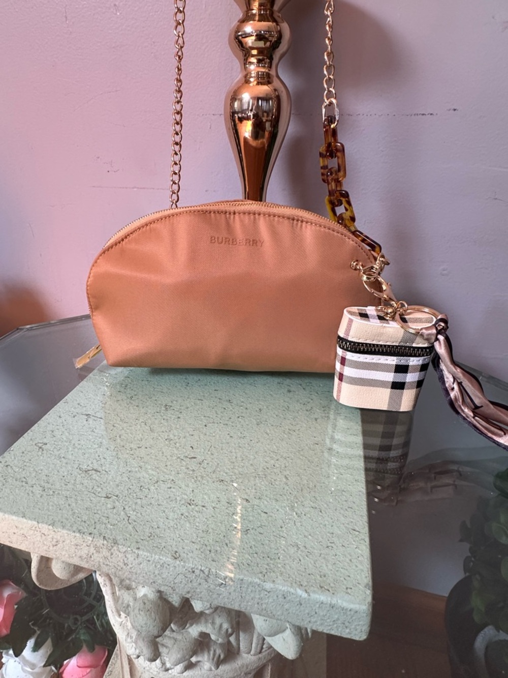 Burberry Peach Nylon cosmetic bag with Gold Chain and Check Key Pouch